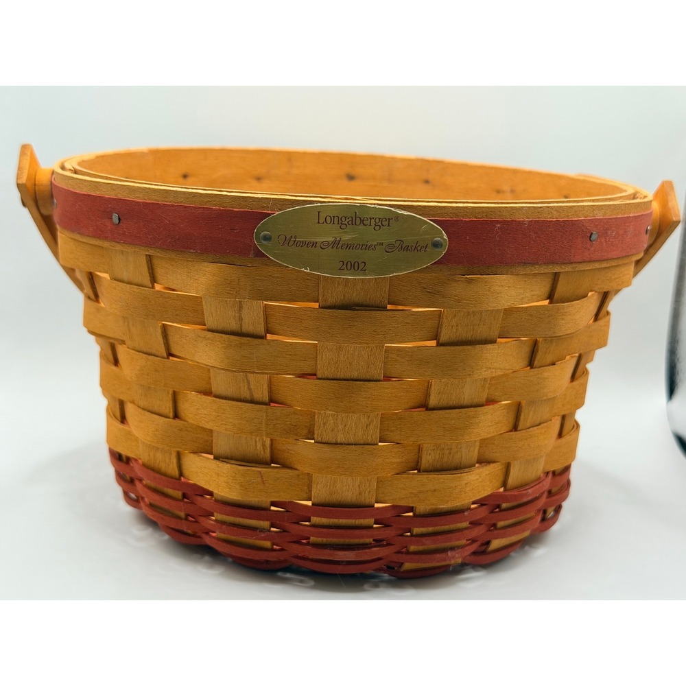 Longaberger 2002 Woven Memories Basket Handwoven Wood Brass Plaque Red Trim